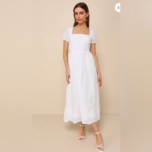 NWOT lulus Stylish Merriment White Puff Sleeve Embroidered Midi Dress READ